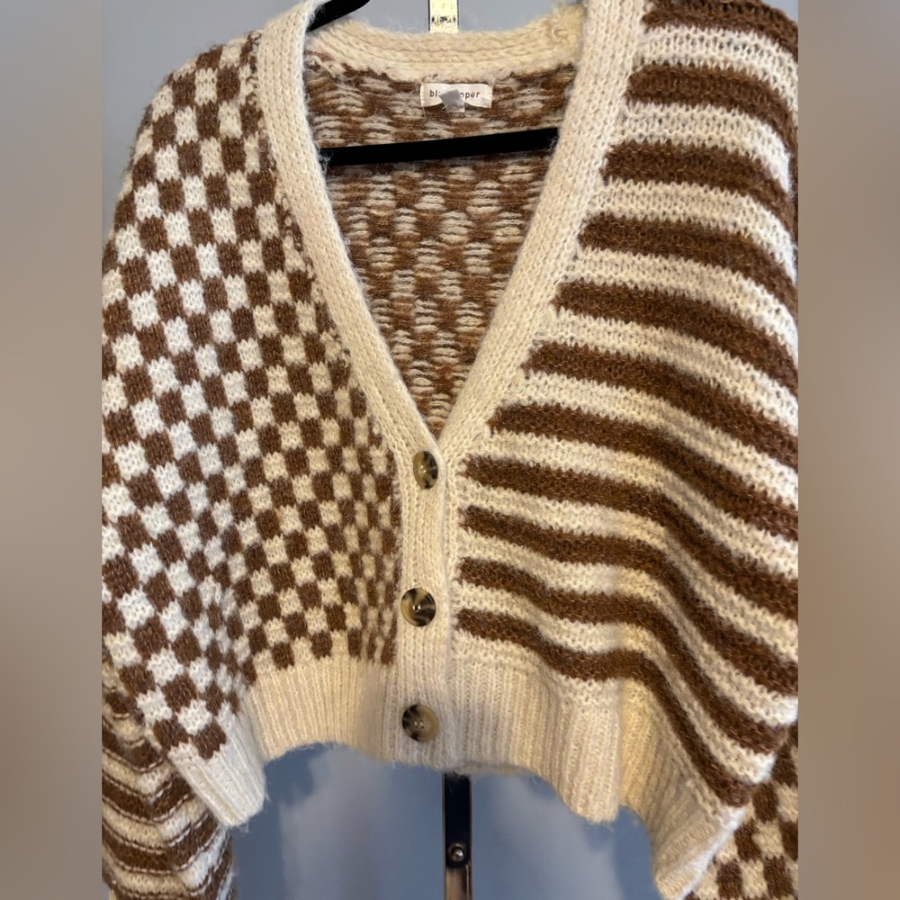 Blu Pepper Check/Stripe Drop Shoulder Knit Button Sweater Small Relaxed
